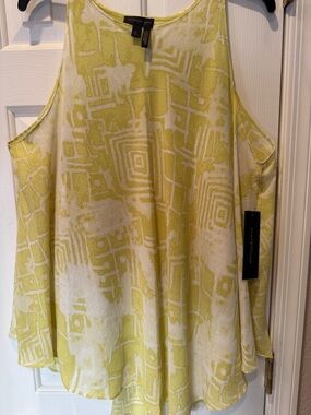 Donna Karan XL Lemon Yellow and White Lined Sheer Patterned Blouse